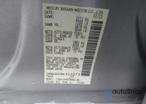 2011 Nissan Titan Sl z USA, uszkodzony, nr VIN 1N6BA0ED3BN313273